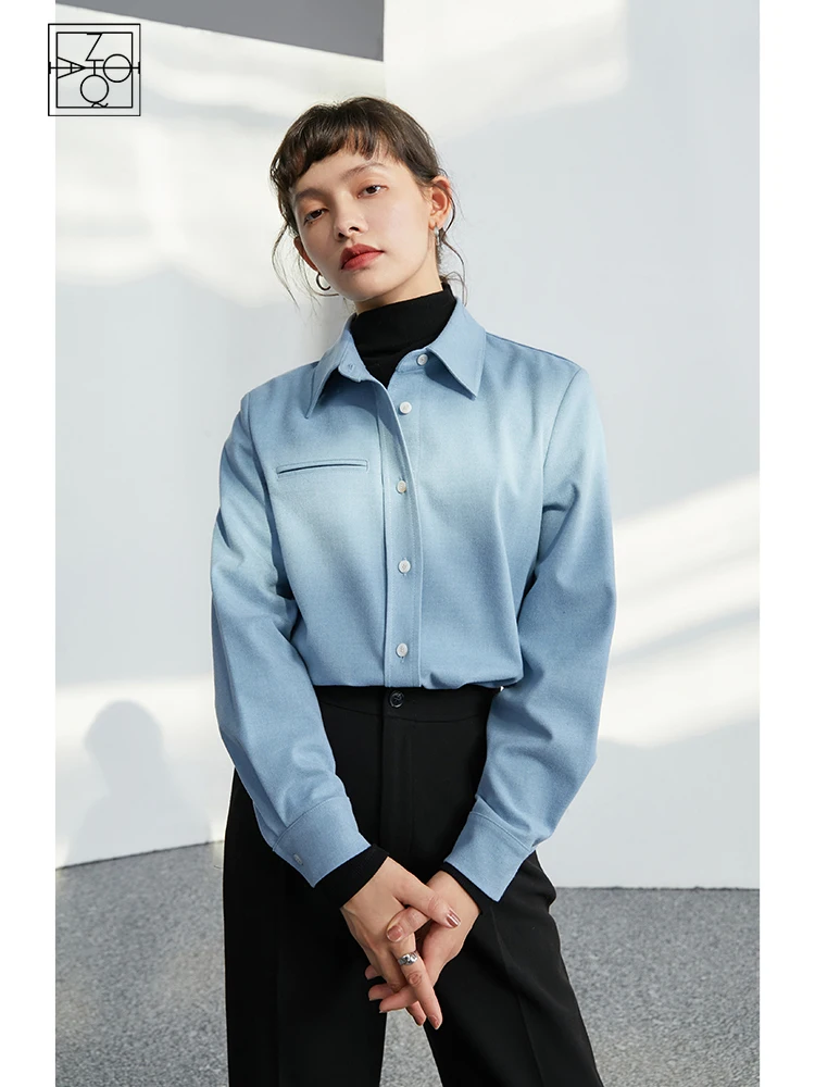 

ZIQIAO Women Blue Shirt Design Niche Blouses Winter Korean Style Long-sleeved Top Shirts Simple Twill Asymmetric Shirts Рубашки