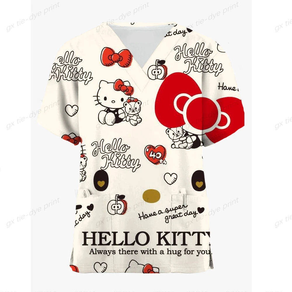 

Hello Kitty Healthcare Tunic Women Casual Short Sleeve V-neck Carer Tops Cartoon Hello Kitty Print Blouse Overalls Nurse Uniform