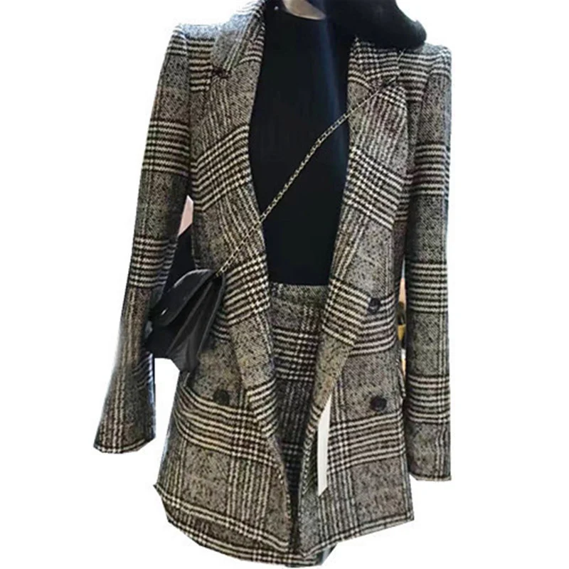 

2021 Autumn Winter Runway Designer Tweed Formal Skirt Suits For Women Office Lady Plaid Blazer Jacket Top Mini Skirt 2 Piece Set