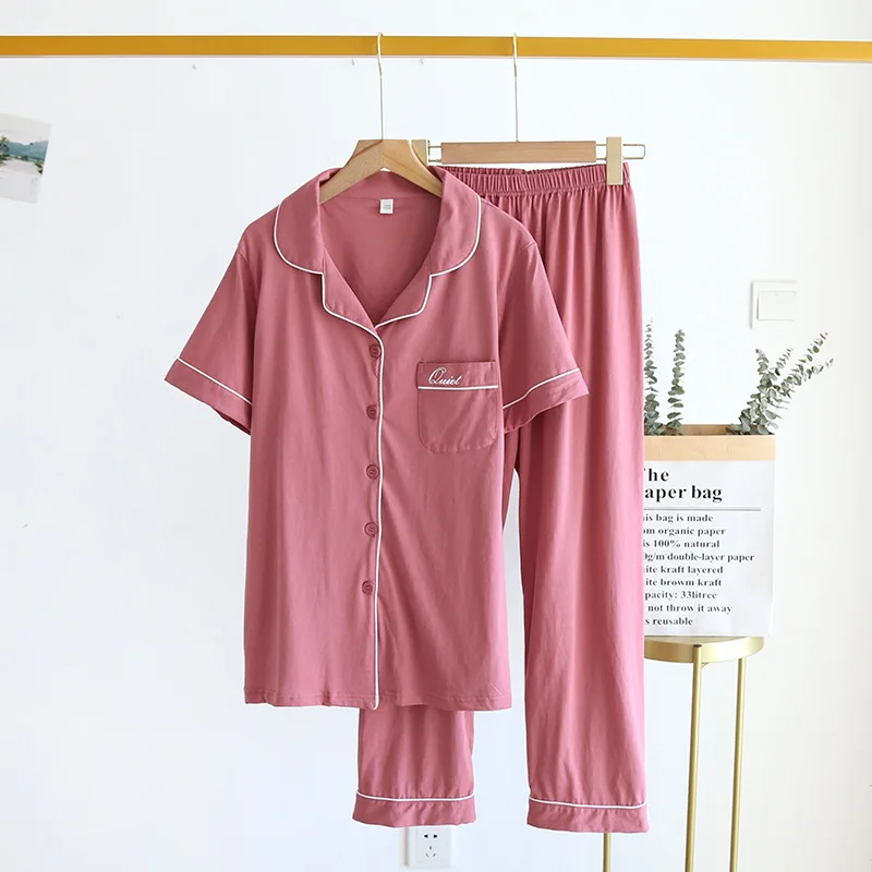 Pajamas for Couple Spring and Summer Suit Solid Color Home Clothes  Simple Japanese Sleepwear Turn-over Collar Casual Cardigan