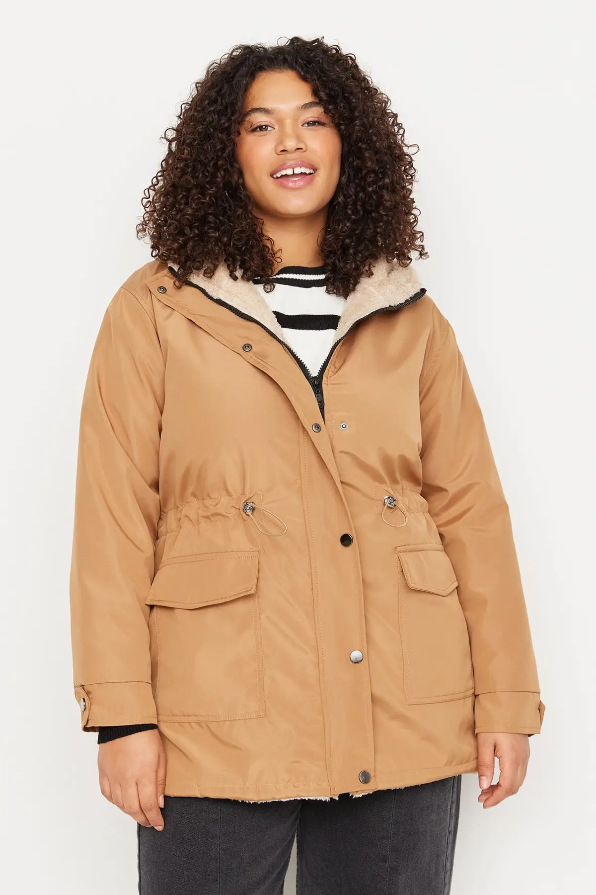 

Light Brown Hooded Citcit Detailed With Pockets Plusus Coat TBBAW23KB00000