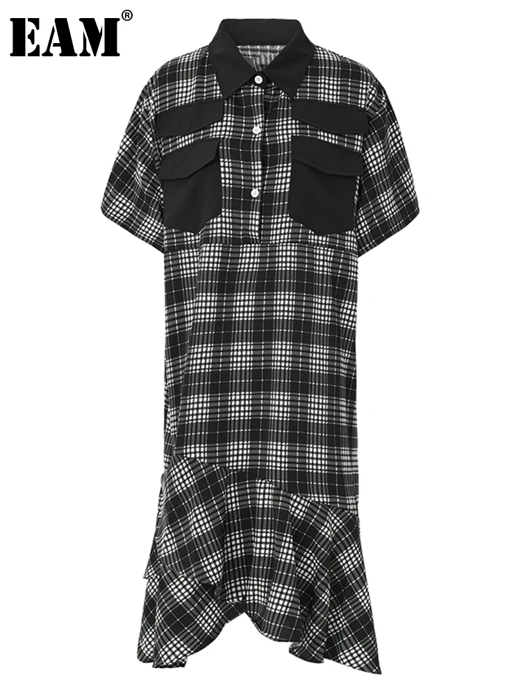 

[EAM] Women Black Plaid Pockets Big Size Shirt Dress New Lapel Short Sleeve Loose Fit Fashion Tide Spring Summer 2023 1DF8133