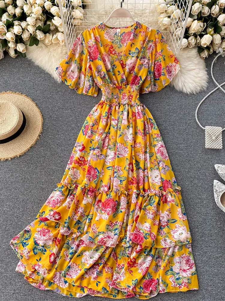 

Bohemian Women Floral Printed Long Dress Sexy V-Neck Short Sleeve High Waist Ruffle Beach Vacation Vestidos Female Maxi Robe New