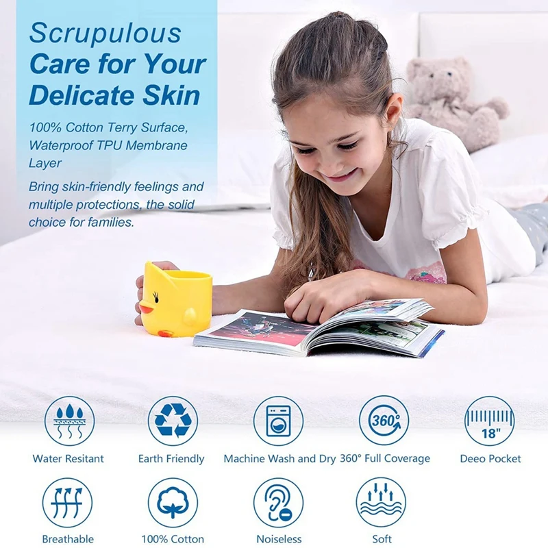 Защитный чехол на матрас Queen Size - водонепроницаемый покрывало из чистого хлопка гладкое мягкое кровать 60X80X18 дюймов.