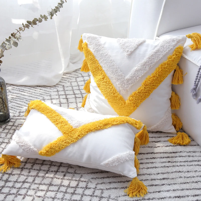 

DUNXDECO Cushion Cover Decorative Tufting Pillow Case Bohemia Luxury Shiny Yellow Geometric Tassels Modern Home Sofa Coussin
