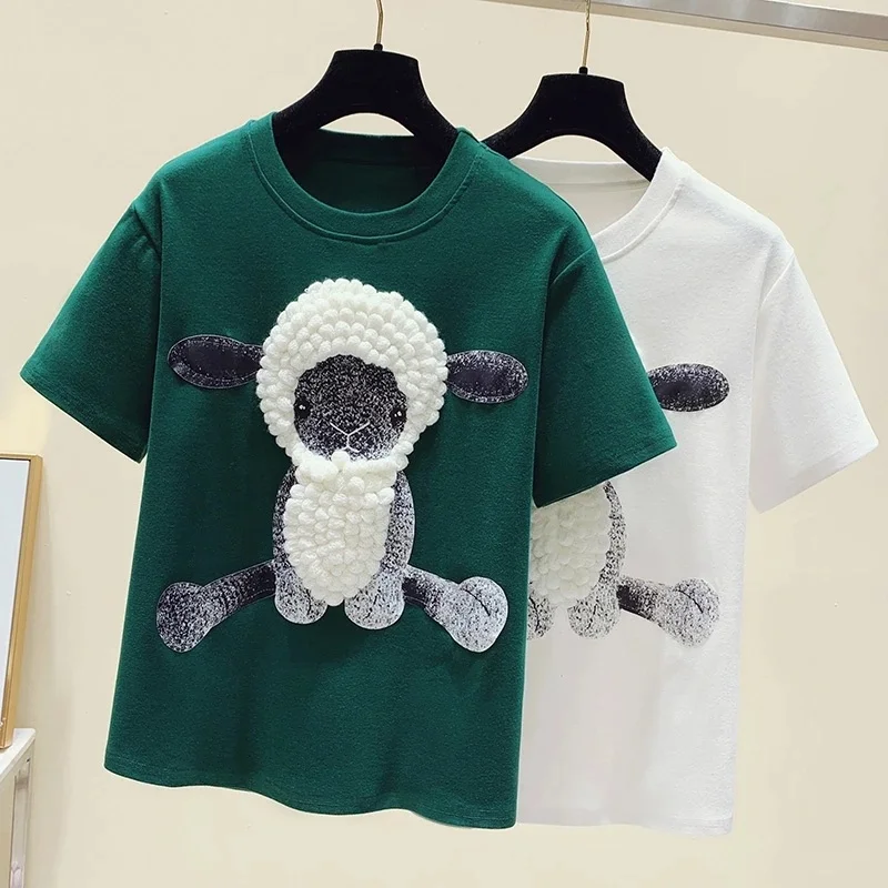 

Korean Summer Women Sweet Cotton T-Shirt Fashion Embroidery Cartoon Applique Tee Female O Neck Loose Casual Girls Oversize Tees