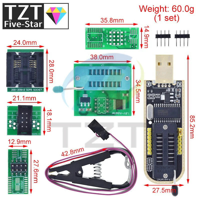 Программатор TZT CH341A CH341B 24 25 Series EEPROM модуль USB-программатора с флэш-BIOS + зажим SOIC8 SOP8