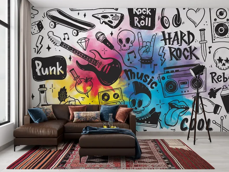 

Customizable Watercolor Colorful Graffiti Peel And Stick Wallpaper, Street Wall Art Easy Removable Music Theme Mural, Graffiti W