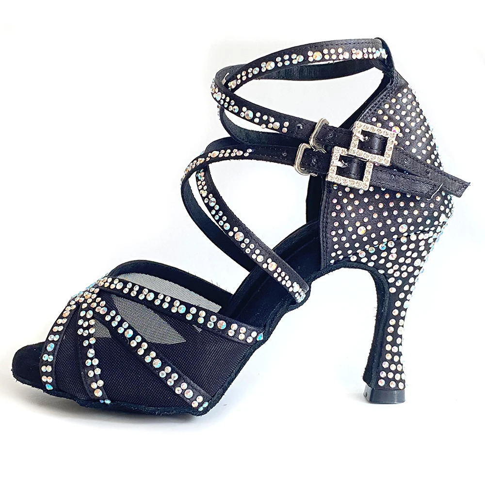 Indoor Dance Shoes Rhinestones Black Satin Latin Shoes Suede Outsole Soft insole Salsa Competitive Dancing Shoes For Latin