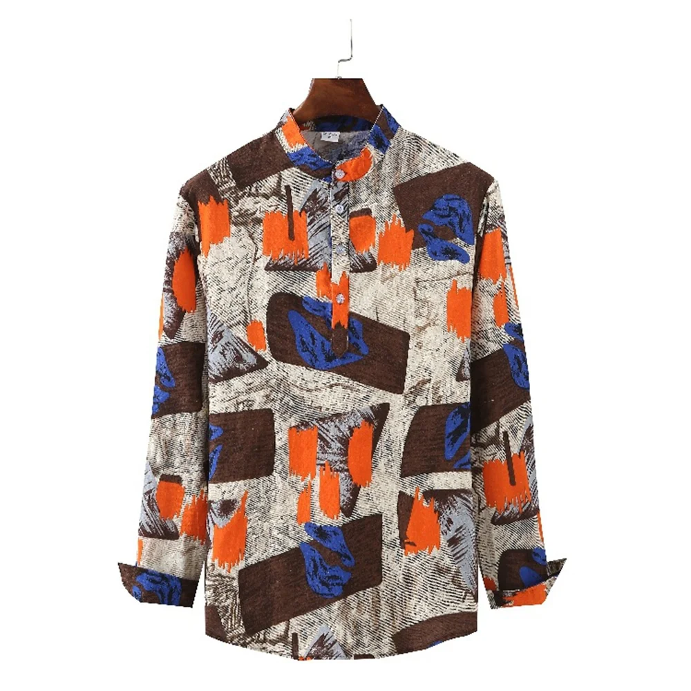 26 Colors Men's Stand Collar T-shirt New Cotton Linen Style Long-Sleeved Shirt Ethnic Print Blouse S-2XL