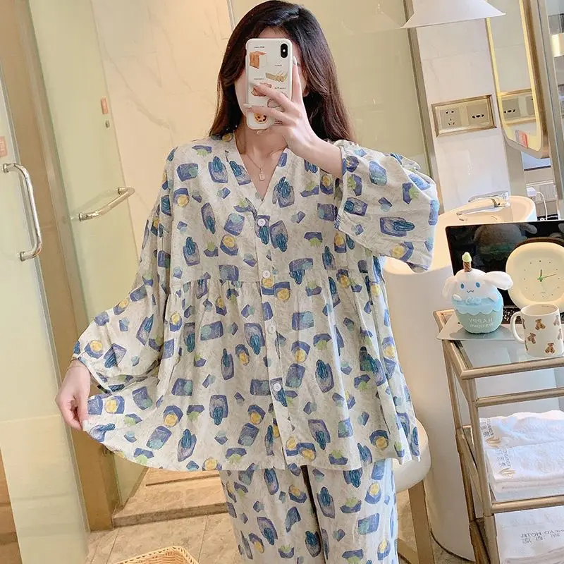 1 Long sleeve cotton silk pajamas women in the spring and autumn thin girl leisurewear bourette suits summer big yards
