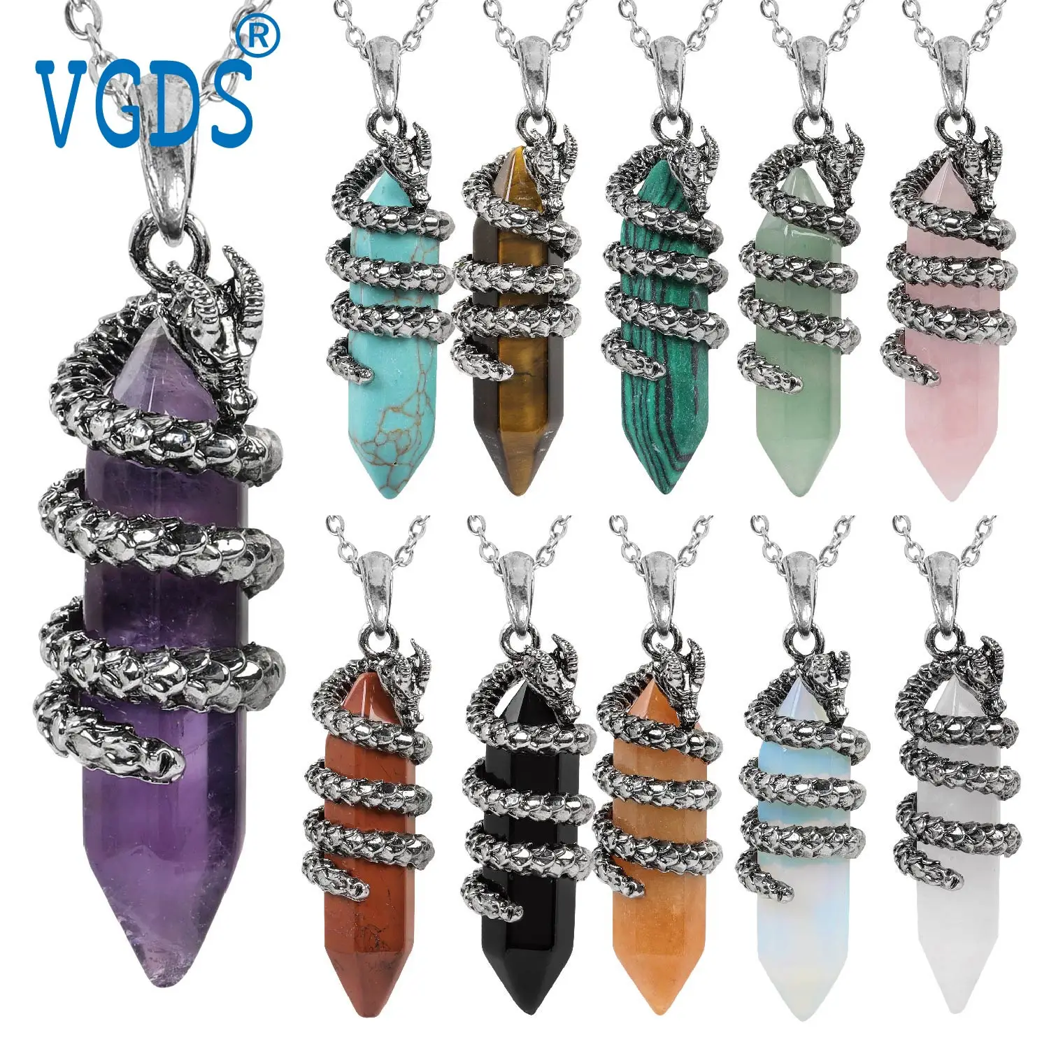 

VGDS Natural Crystal Rose Amethyst Vintage Dragon Men Necklace Hexagonal Column Healing Stone Pendant Fashion Jewelry for Women