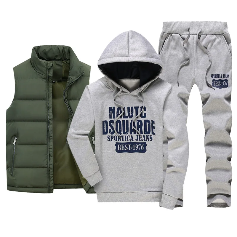 Men's Tracksuits Casual Set 3 Pieces Warm Vest Sweatpants Hoodie Letter Printed Plus Size 5XL Mens Joggers Set Sweat Suits 2022