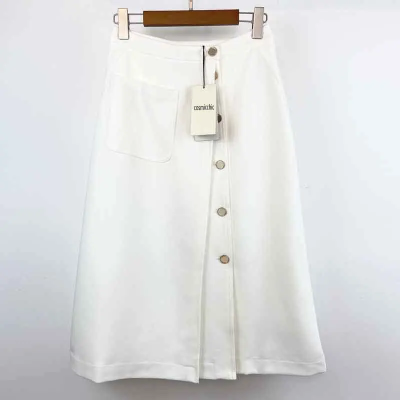 

22 New Elegant White Skirts Women Fashion Runway Single Breasted Front Slit Skirt Temperament High Waist Pockets A-line Clothes