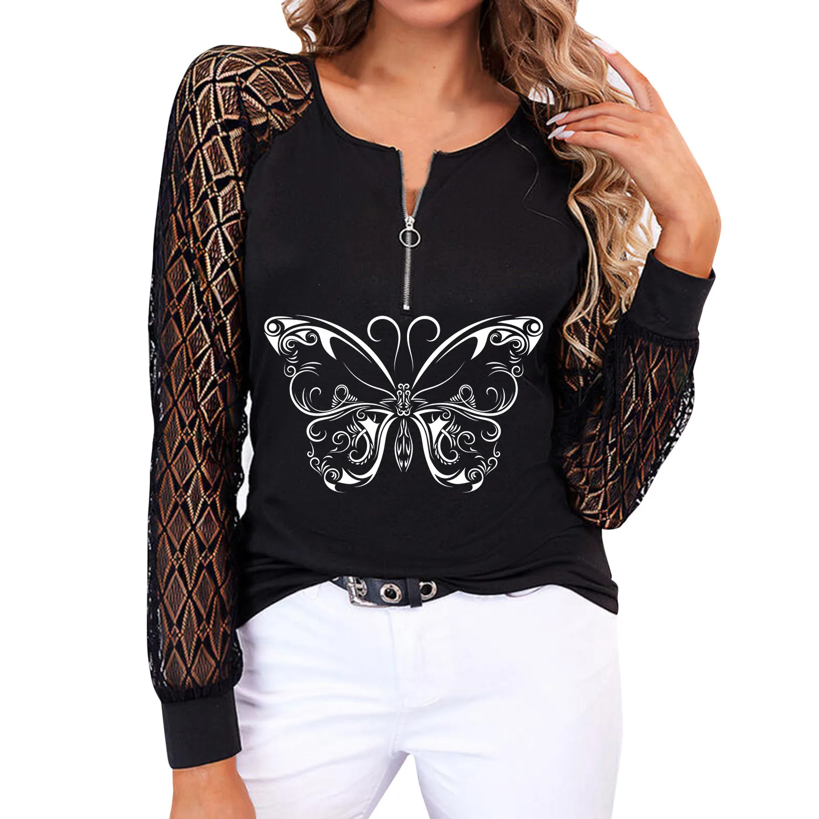 

Women Pullover Zipper Sexy Long Sleeve Solid Color Top Winter Casual Wear Strap Printing Shirt Blouse For Party