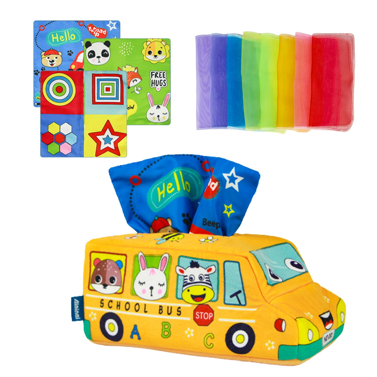 

Toddler Tissue Box Toy Soft Stuffed Montessori Square Sensory Toys Cartoon School Bus Animal Scarves for Toddler Infants Kids Pr
