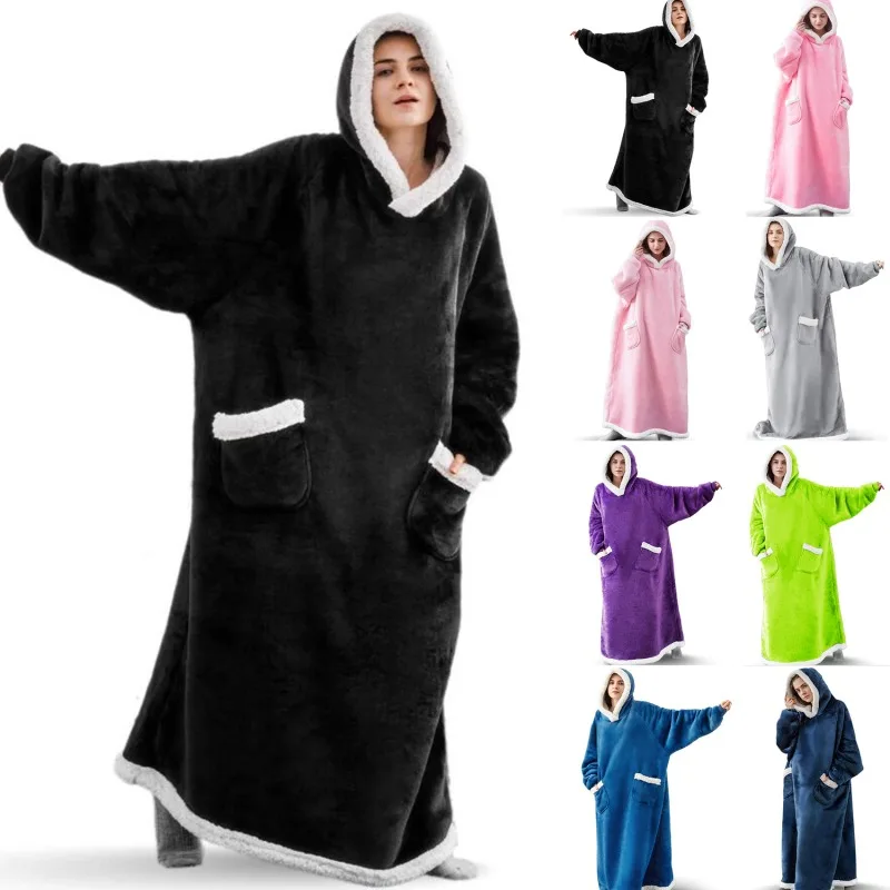 Super Long Flannel Blanket with Sleeves Winter Hoodies Nightgown Women Men Pullover Fleece TV Blanket Robe Dresses Sleepwear