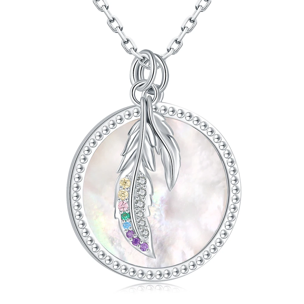 

Feather Mother of Pearl Necklaces 925 Sterling Silver Delicate Colorful CZ Pendant Jewelry Birthday Daily Gifts for Women Girls