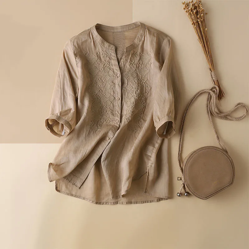 

EAEOVNI 2022 summer cotton linen V-neck embroidered shirt pullover cotton linen retro short-sleeved top women