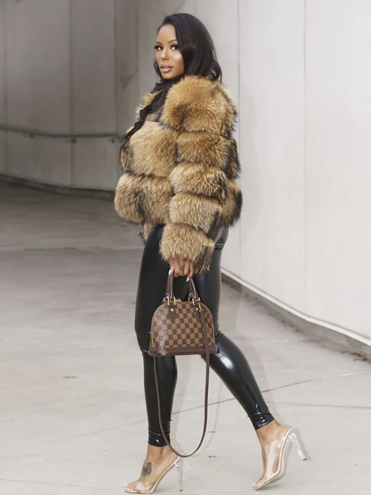 Женская Шуба из натурального меха енота FURYOUME шуба верхняя одежда с круглым