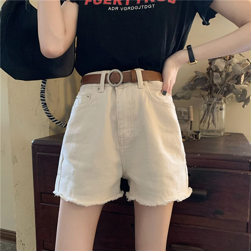 

Real Shot New Korean Version of Women's Retro High Waist Denim Shorts Summer Casual Slimming All-match A-line Raw Edge Hot Pants