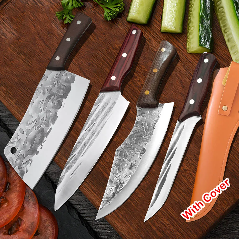 

Utility Kitchen Knife High Carbon Steel Chef Knives Wooden Handle Cleaver Cutting Meat Chef Knife Scissors Sharpener