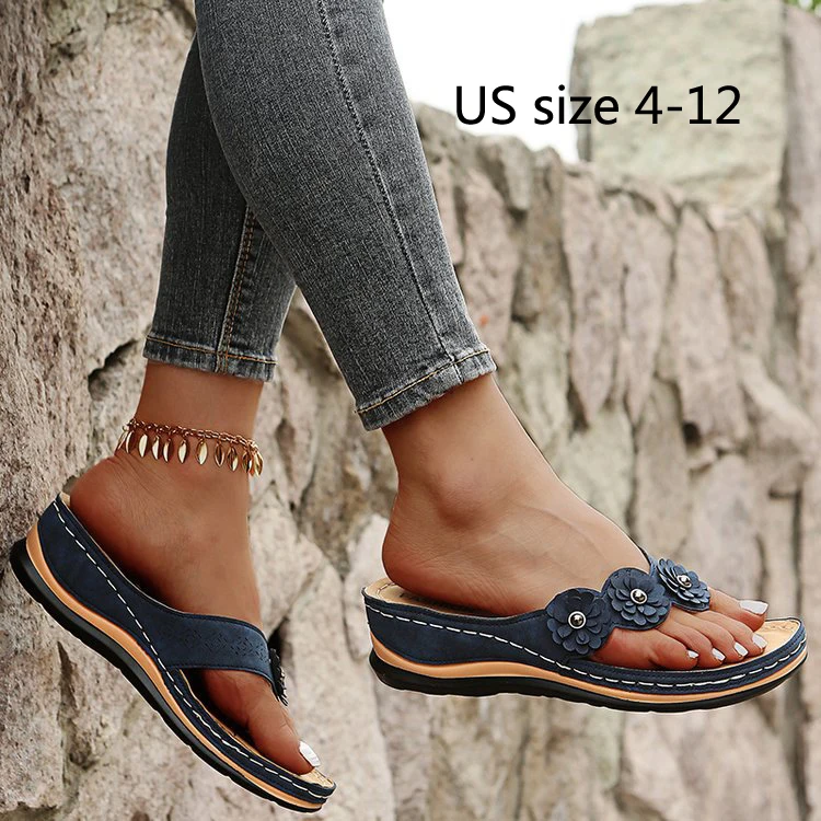 

Flip-Flops Women Wedge Heel Solid Color Vintage Flowers Slippers PU Sewing Thong Sandals wholesale