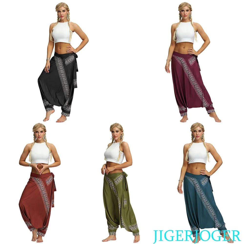 

JIGERJOGER Новый пояса боковые узлом индонезийский костюм свободного кроя с принтами героев женские Штаны ремень мешковатые джоггеры штаны-шар...