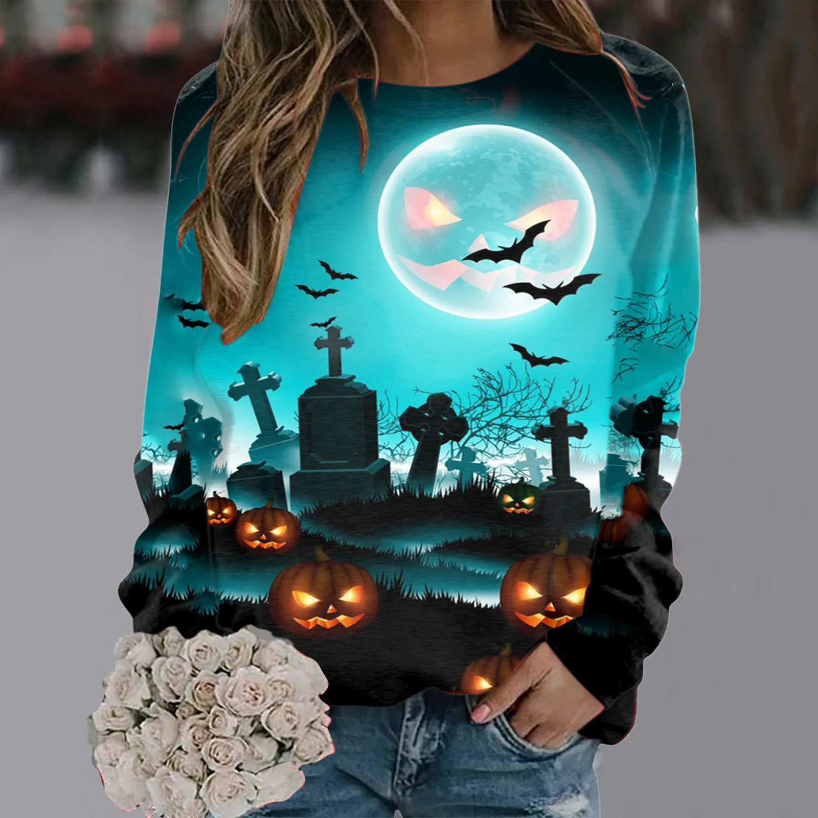 

Womens Halloween Print O Neck Sweatshirt Round Neck Fit Pullover Tops Casual Gray White Womens Sweater Half Zip up Jacket Women