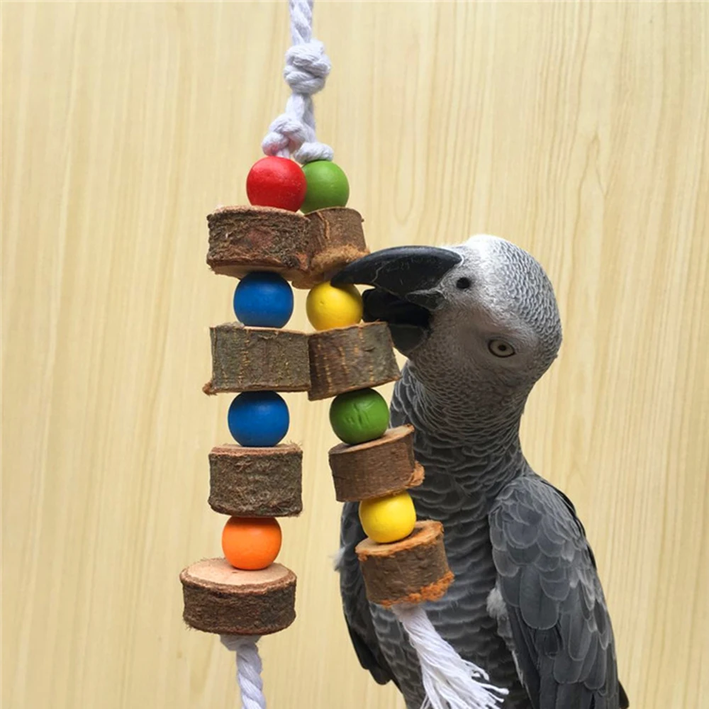 

1pc Parrot Chew Toy with Hook Colorful Wooden Beads Ropes Natural Wood Hanging Cage Swing Climb Toys for Small Birds Mini Macaw