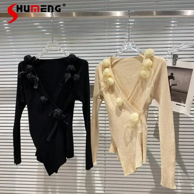 

2022 Autumn New Fashion Irregular Knitting Top Women's Three-Dimensional Flower Decoration Slim Fit Sweater Coat Ladies