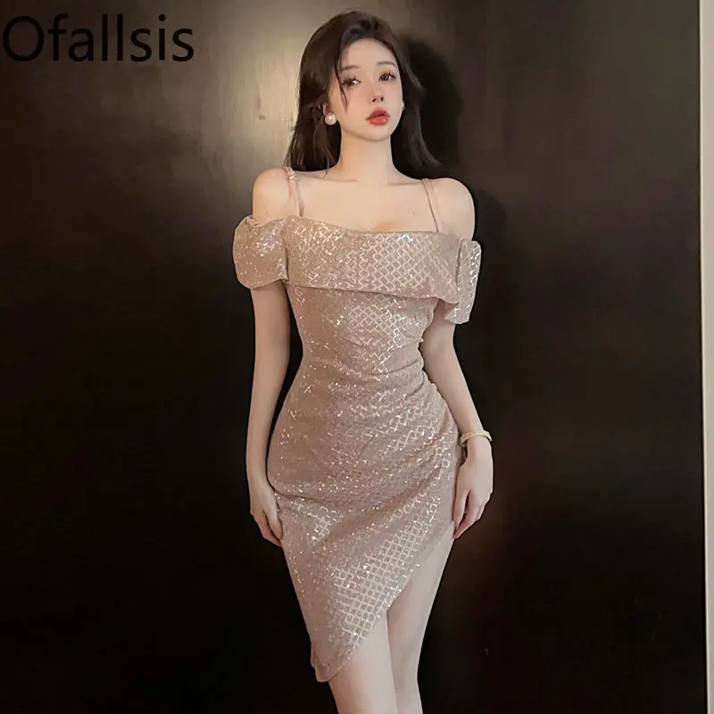 

Женское вечернее платье с блестками Ofallsis, асимметричное платье с открытыми плечами и оборками по краям, лето 2023