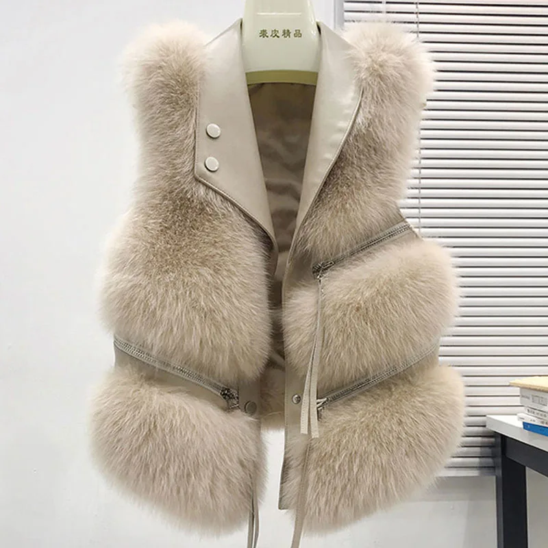 Parkas Womens Outdoors Coats Jackets Vests 2022 Faux Fur Imitation Fox Hair PU zipper Splicing Irregular Fashion Waistcoat Woman