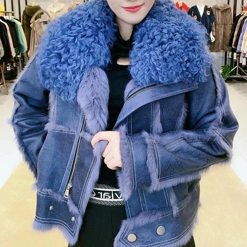 KBAT Winter Women Thick Warm Suede Lamb Jacket Short Motorcycle Blue Coats Faux Shearling Sheepskin Leather Jackets Outwear