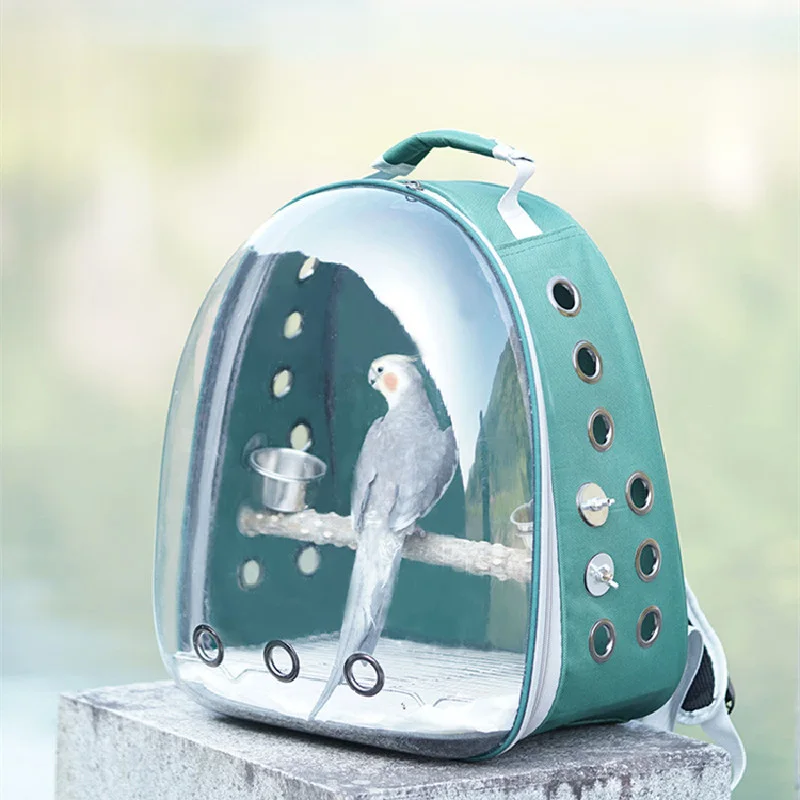 Bird Carrier Space Bag Parrot Backpack with Prech and Feeder Cups for Parakeet Cockatiel Bunny Travel Acrylic Portable Pet Cage