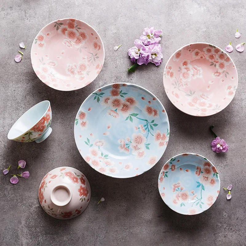 

Sakura Series Ceramic Flat Plate Japanese Underglaze Tableware Embossed Sakura Plate Plates and Bowls Dinner Set Plates
