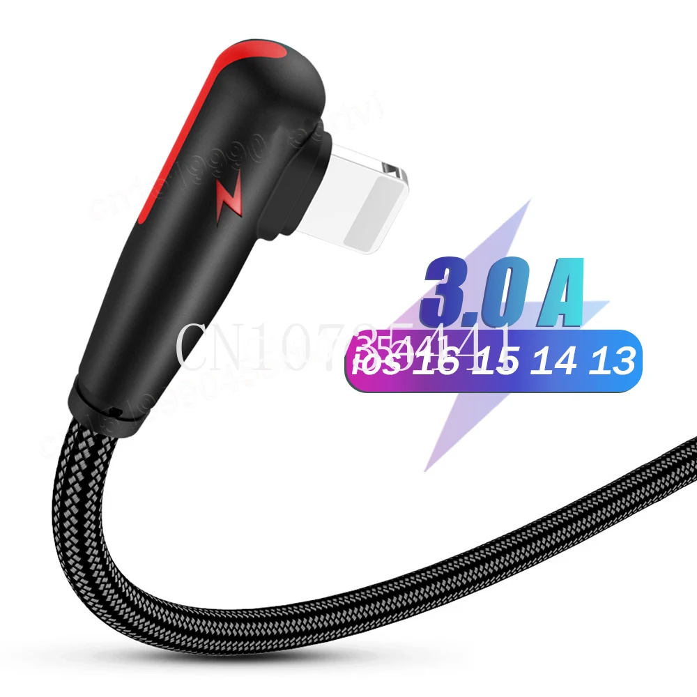 

3A L-shape Nylon USB Cable For iPhone14 13 12 11 Pro Max XS XR X 8 7 6S 5S Fast Charger 90 Degree USB Data Wire Cord Phone Cable