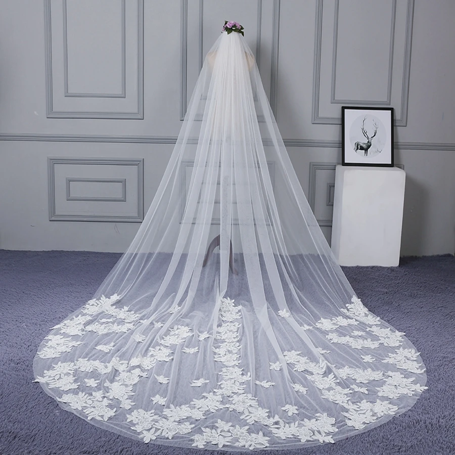 

Hot Sale White Ivory Cathedral Wedding veils for bride Lace Bridal veil Wedding accessories Boda Vestido de noiva