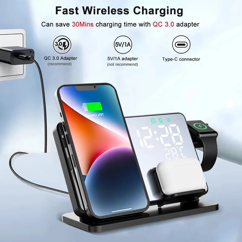 4 in 1 15W Wireless Charger Stand Pad For iPhone iWatch Airpods For Samsung Galaxy Fast Charging Dock Station LED Alarm Clock