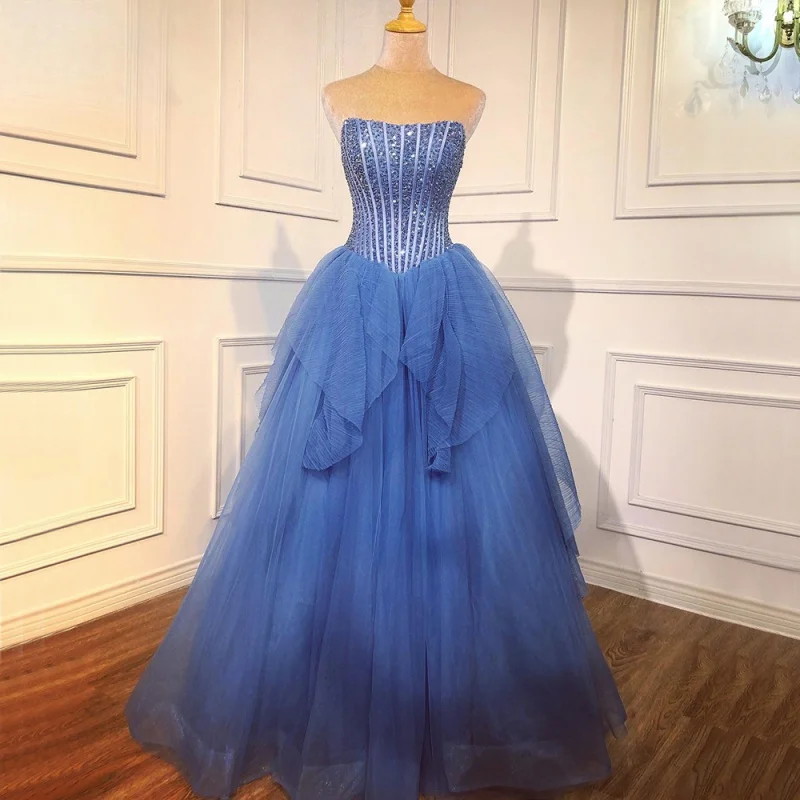

Blue A Line Sleeveless Princess Beaded Evening Party Ball Gowns Customized Best Price Elegant Long Prom Dresses For Women