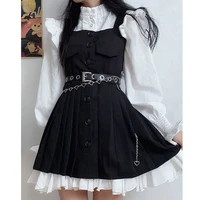 coolfel japanese retro black y2k mini dress vintage goth stand collar high waist women shirt dresses set punk grunge streetwear