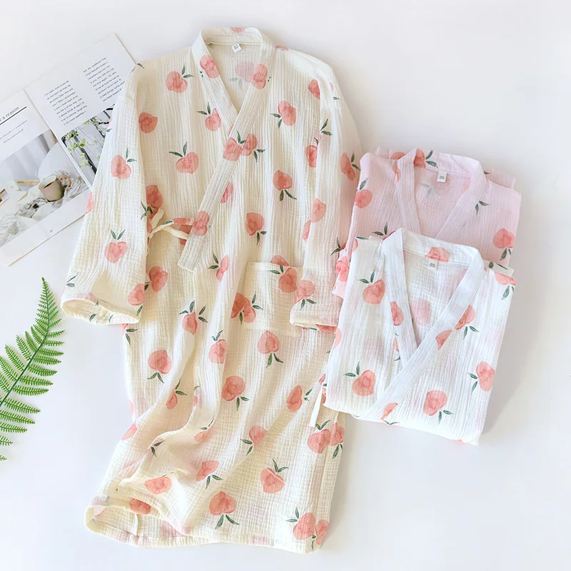 

Japanese Fresh Kimono Robe Crepe Cotton Nightgown Peach Print Sleep Tops Women Pajamas Bathrobe Long Robes Woman Dressing Gown