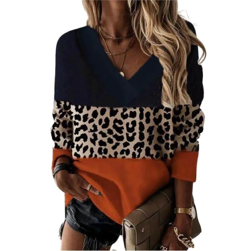 2022 New Autumn and Winter New V-neck Leopard Print Stitching Long-sleeved Sweater Top Winter Clothes Women
