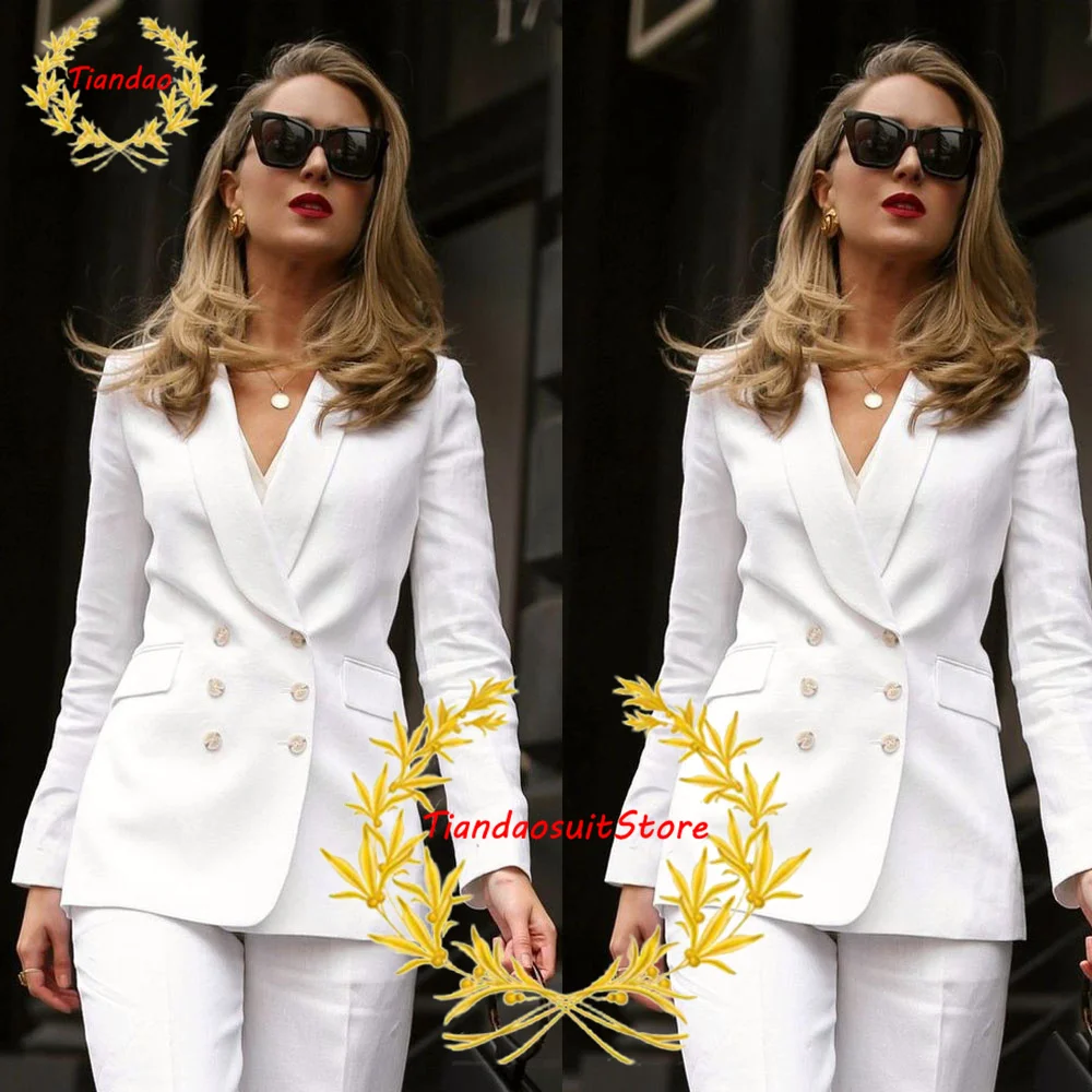 Women's Suit Double Breasted Jacket Pants 2 Piece Formal White Wedding Tuxedo Momwear Business Workwear for Lady