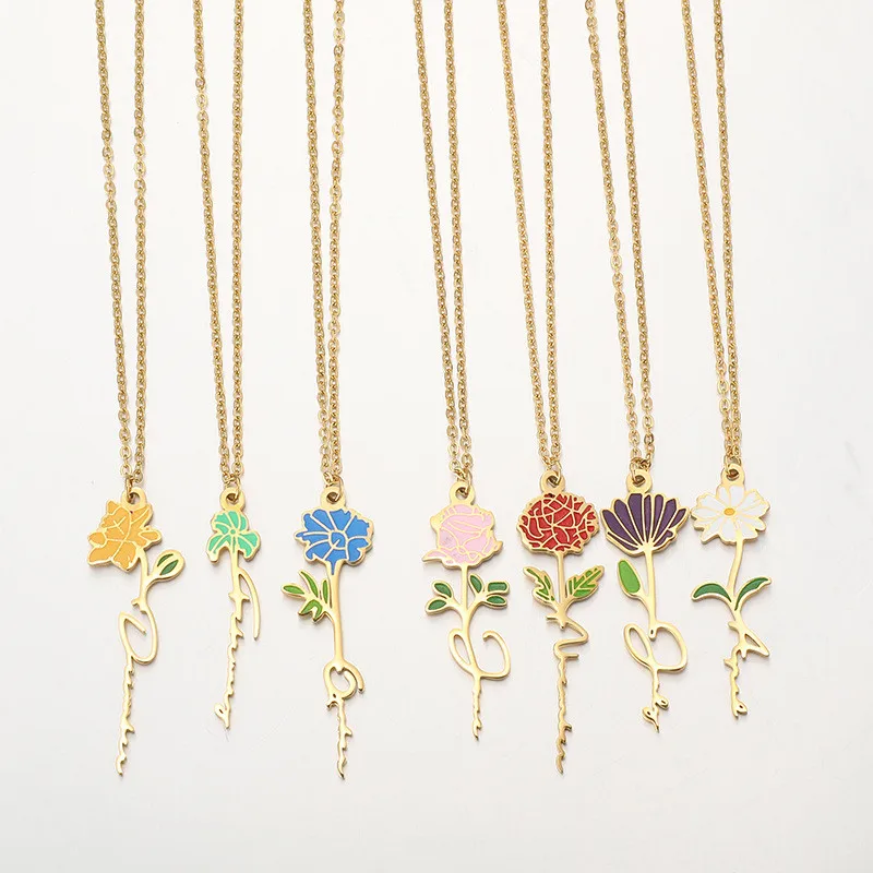 

New Stainless Steel Birth Month Flower Pendant Necklace for Women Elegant Trendy Rose Daisy Flowers Choker Jewelry Birthday Gift
