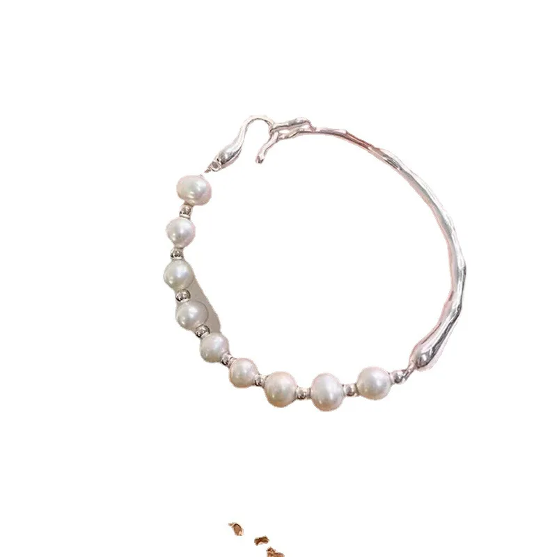 

Natural Freshwater Pearl Silver Bracelet S925 Sterling Silver Irregular Branch Half Ring Bracelet for Women