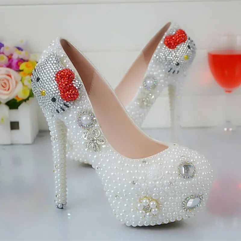 Hello Kitty Pearl Wedding Shoes Rhinestone KT Shoes Banquet Marriage Bridal Platform Women's High Heels Stage Pumps