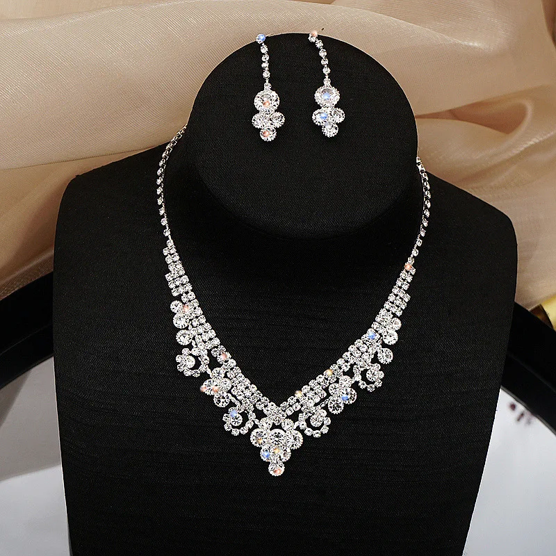 

Bridal Wedding Dress Necklace Earring Set 2 Pieces Jewelry Set Simple All Diamond Super Flash Rhinestone Premium Accessories