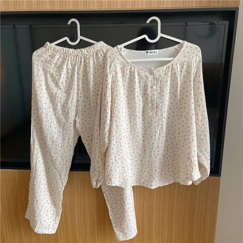 Korean Cherry Print Spring Pajamas Set Women O-Neck Long Sleeve Buttons Shirts + Trousers Cotton Casual Sleepwear Soft Home Suit