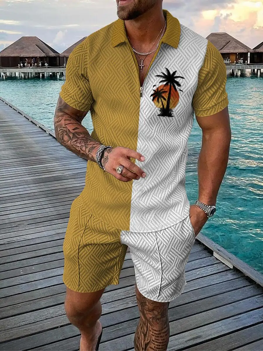 Summer Men 3D Printed O-collar Oversized Sportswear Fashion Polo Shirt + Shorts Lapel Breathable Suit Street Men's Two-piece Set
